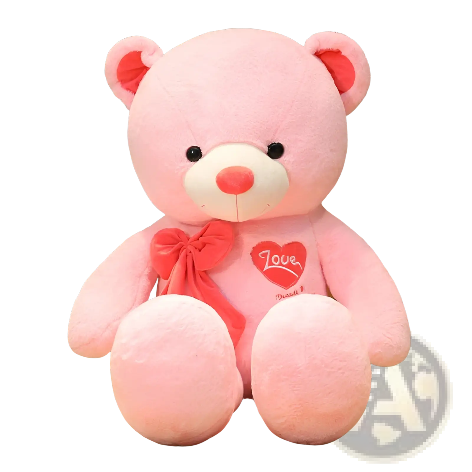 Pink plush teddy bear with red bow and heart-shaped love patch on chest from love bear plush toy heart confession collection