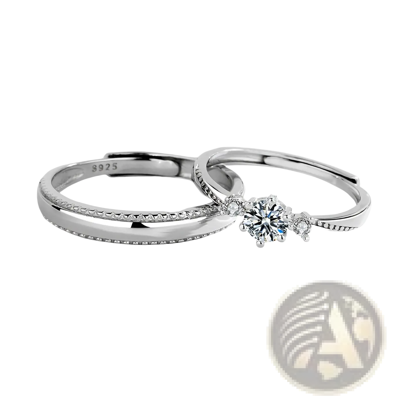 A sleek silver 925 sterling silver couple ring love at first sight with central round diamond and beaded edge design