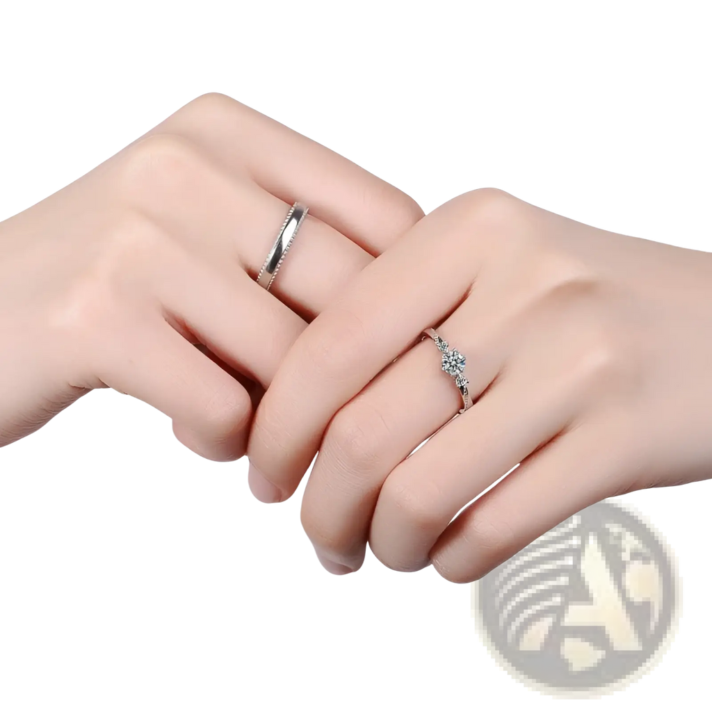 Love at first sight diamond sterling silver couple rings featuring a textured silver band and a solitaire diamond platinum ring