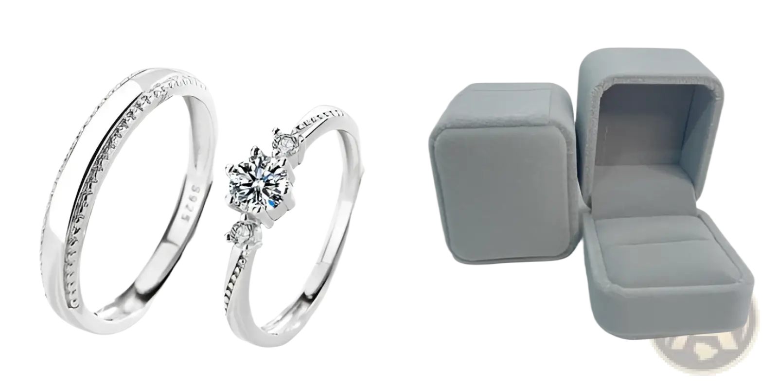 Silver sterling couple rings set with pavé and central diamonds in gray velvet box for love at first sight collection