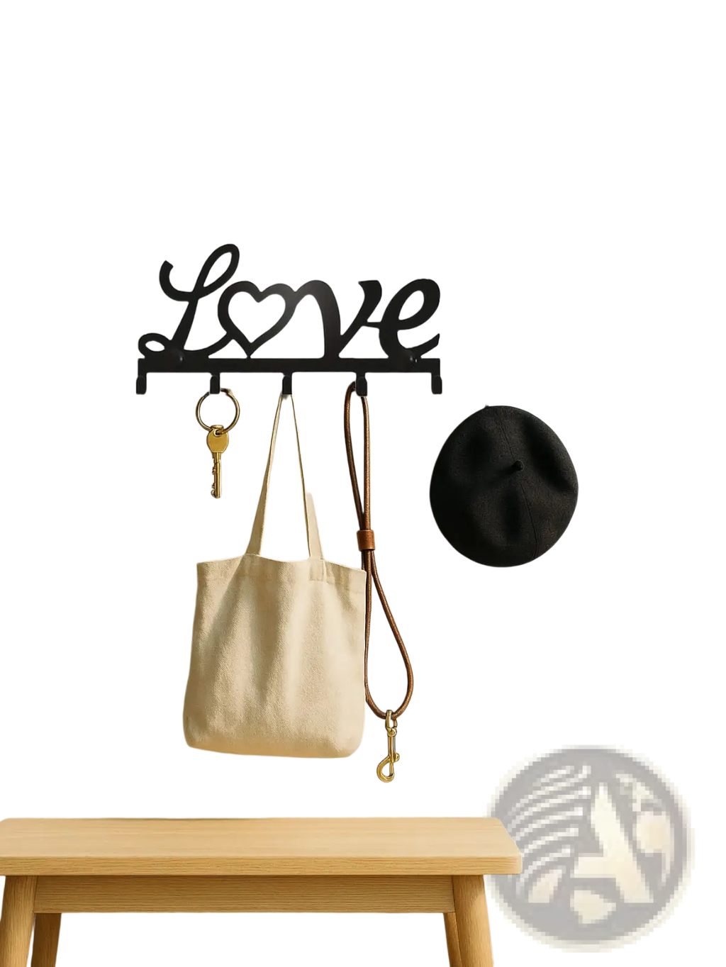 Black metal wall hook rack shaped like the word love with a heart key holder and 5 pegs for organizing items