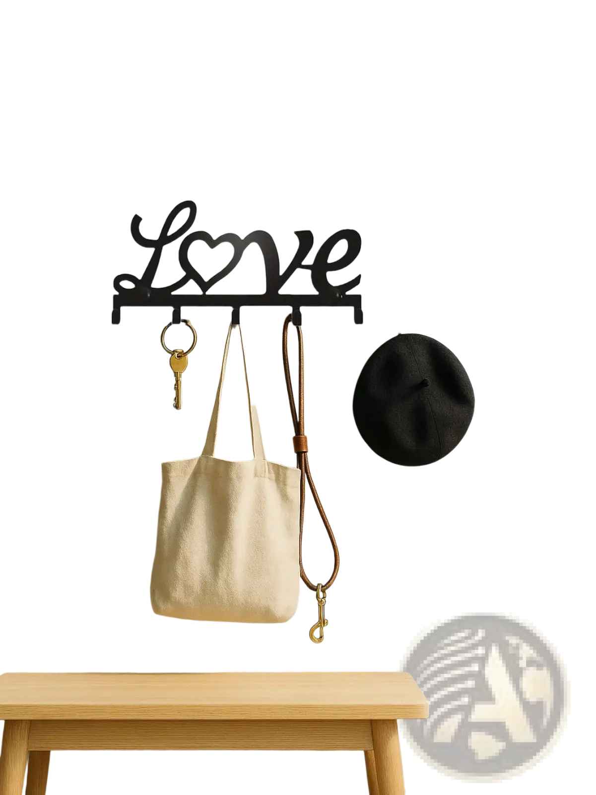 Black metal wall hook rack shaped like the word love with a heart key holder and 5 pegs for organizing items