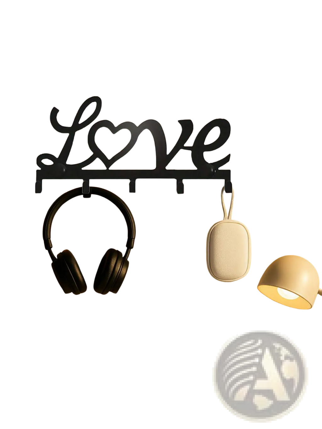 Black metal wall hook rack shaped like love with a heart replacing the o featuring five pegs for keys and accessories