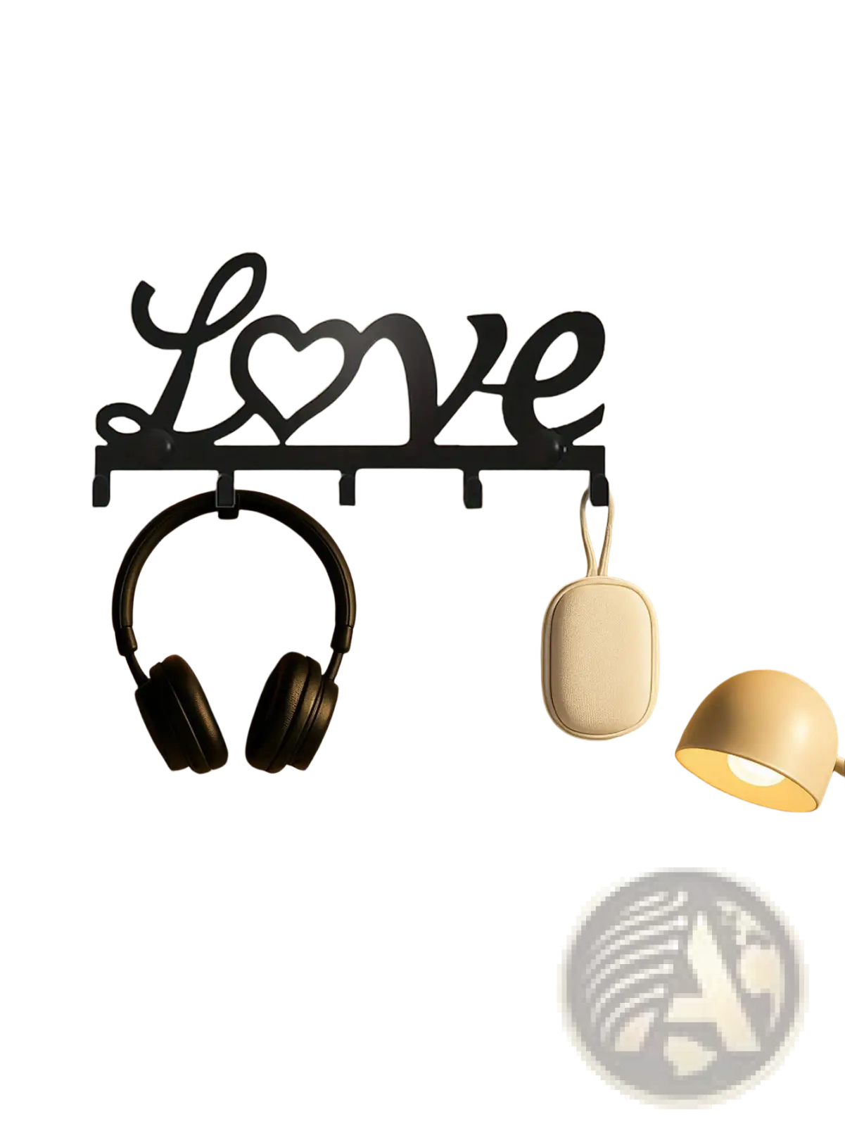 Black metal wall hook rack shaped like love with a heart replacing the o featuring five pegs for keys and accessories