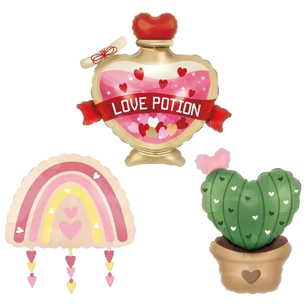 Gold heart-shaped balloon with pink liquid and red hearts labeled love potion in valentine balloon kit