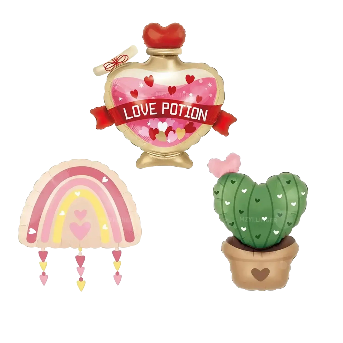 Gold heart-shaped balloon with pink interior and red ribbon banner reading love potion in valentine balloon kit