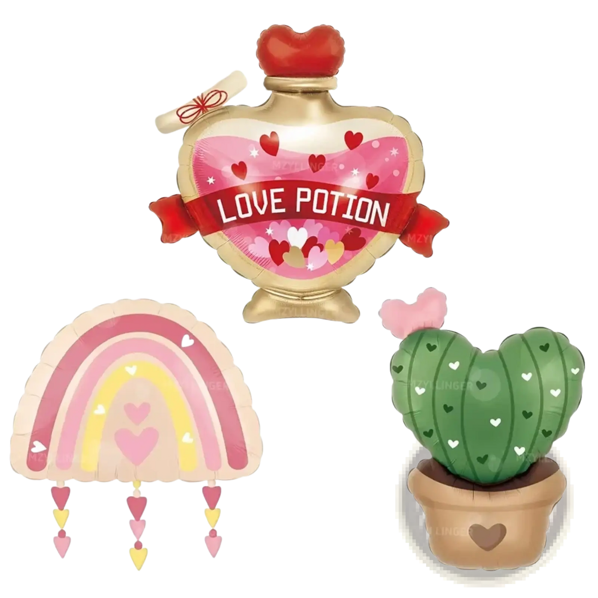 Gold heart-shaped balloon with pink liquid and red hearts labeled love potion in valentine balloon kit