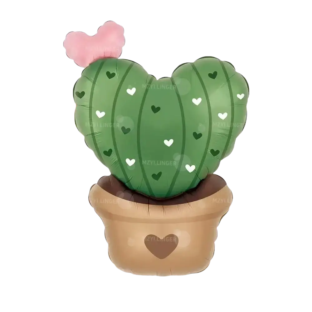 Green heart-shaped cactus balloon with white and dark green hearts in tan pot with brown heart in love potion valentines kit