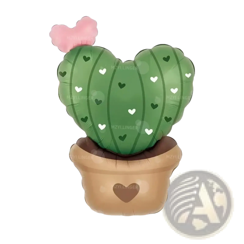Green heart-shaped cactus balloon with white and dark green hearts in tan pot with brown heart in love potion valentines kit