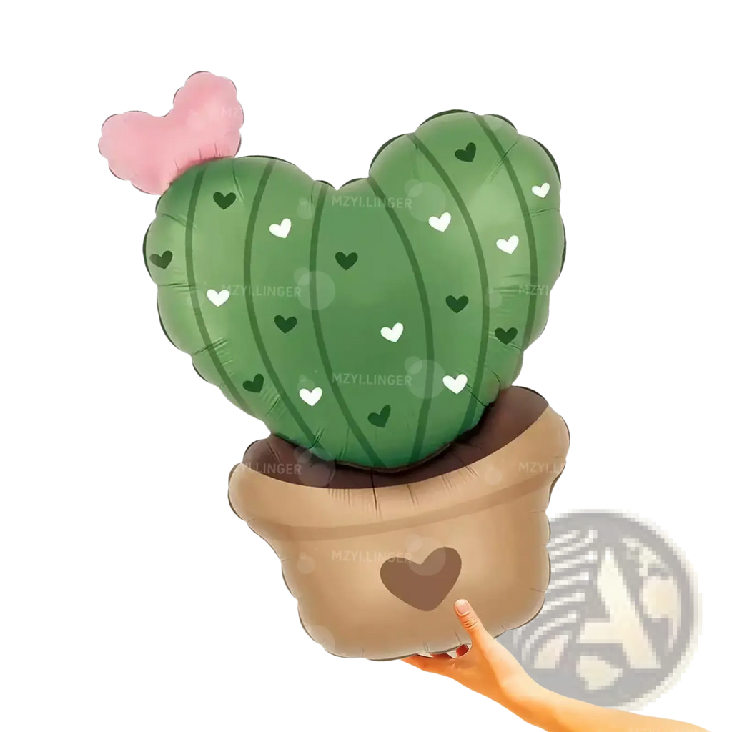 Love potion and cactus valentine balloon kit with green cactus-shaped balloon and heart decals in a brown pot with cutout