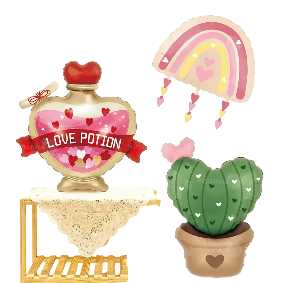 Heart-shaped love potion balloon with gold metallic finish red heart stopper and pink interior with hearts and stars