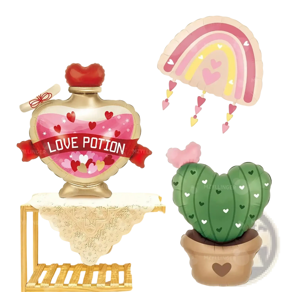 Heart-shaped love potion balloon with gold metallic finish red heart stopper and pink interior with hearts and stars