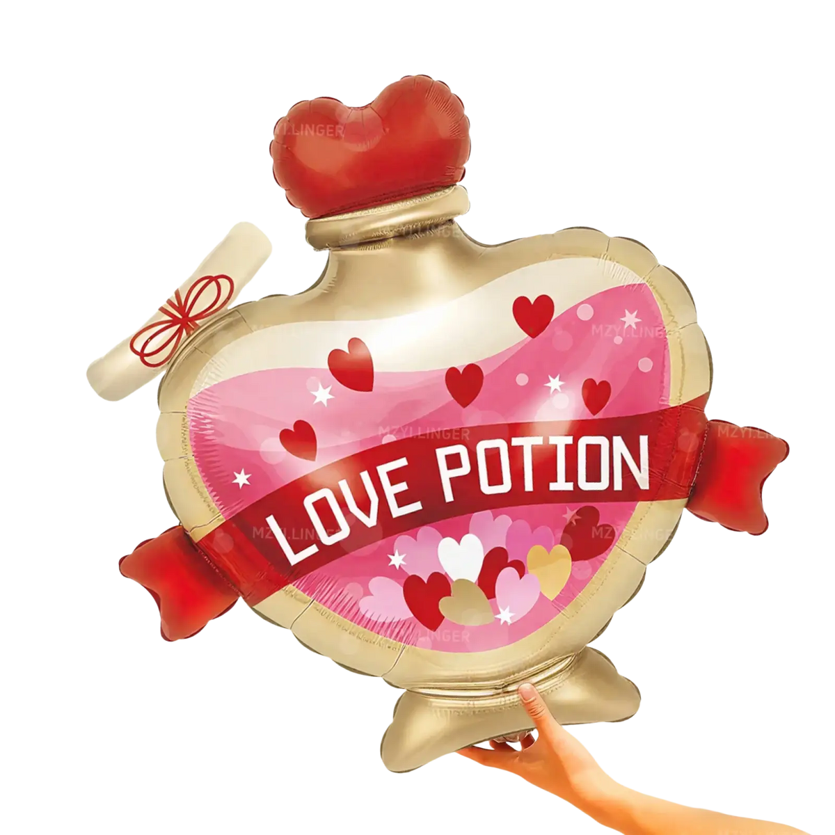 Shiny gold foil balloon shaped like a heart potion bottle with red hearts white stars and love potion ribbon for valentine