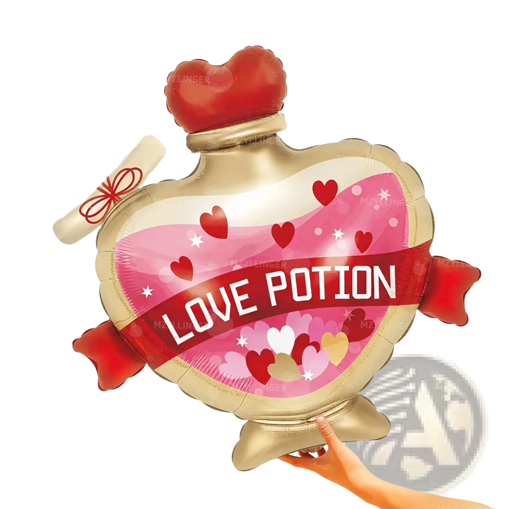 Shiny gold foil balloon shaped like a heart potion bottle with red hearts white stars and love potion ribbon for valentine