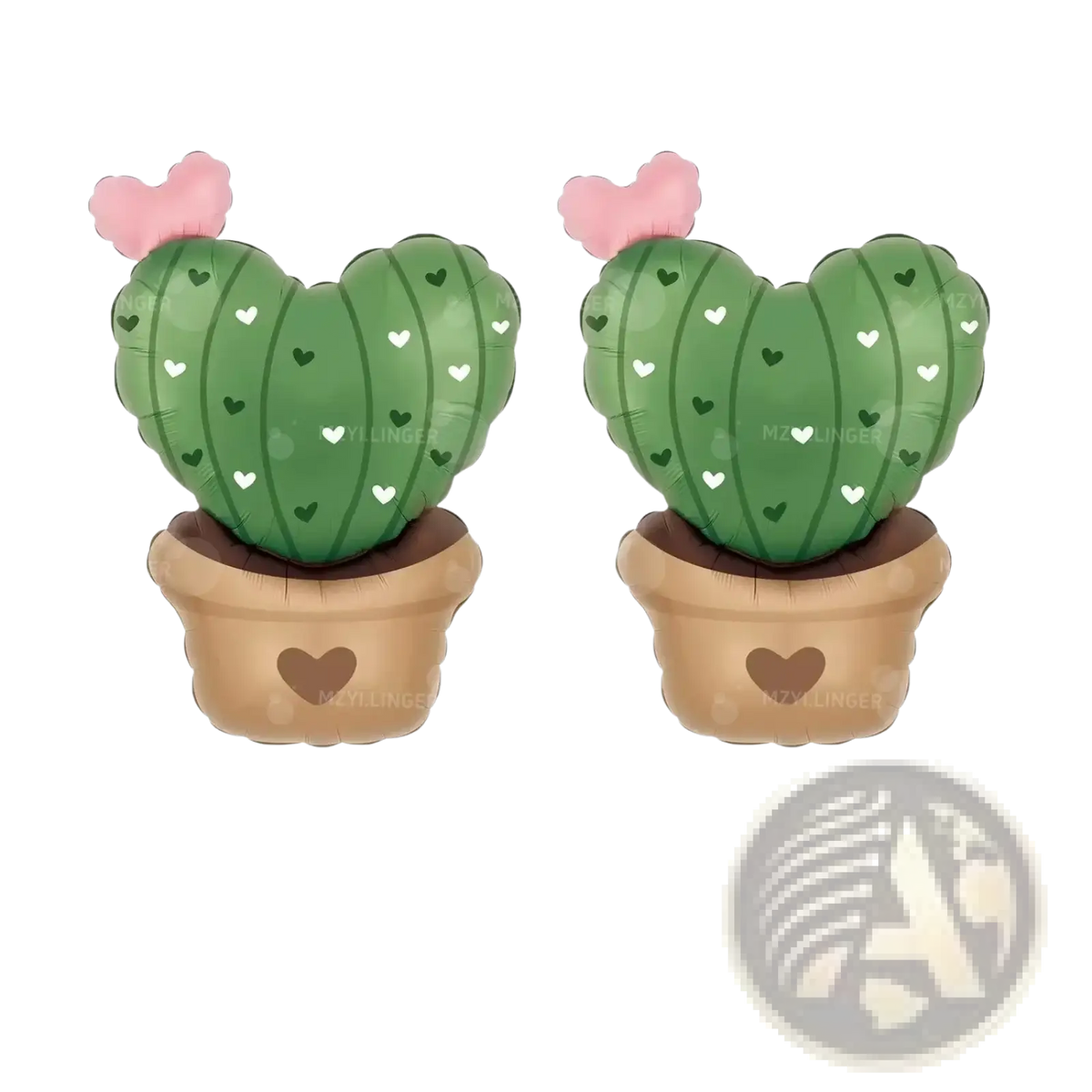 Love potion cactus valentine balloon kit with two green heart-shaped cactus balloons featuring pink flowers and brown pots