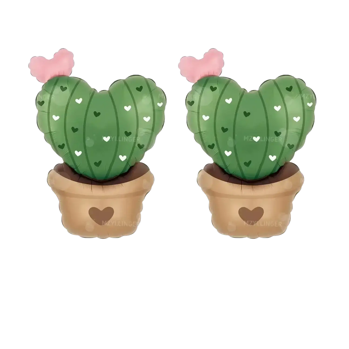 Two green heart-shaped cacti with pink balloon hearts in brown pots from the love potion valentine balloon kit