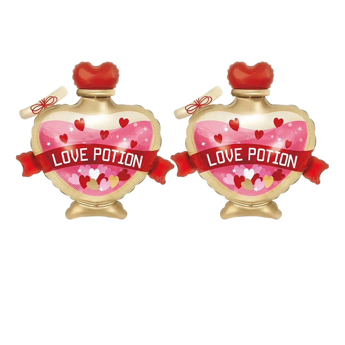 Two pink heart-shaped love potion balloons with gold foil accents and red ribbon details in a Valentine balloon kit