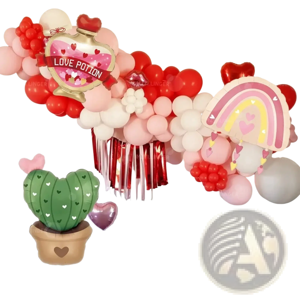Love Potion and Cactus Valentine balloon kit features a whimsical red pink and white balloon garland with a gold accented love potion bottle balloon