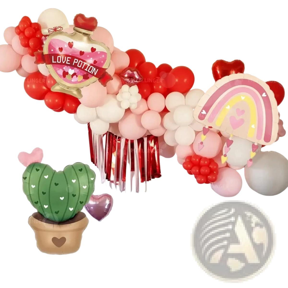 Love Potion and Cactus Valentine balloon kit features a whimsical red pink and white balloon garland with a gold accented love potion bottle balloon