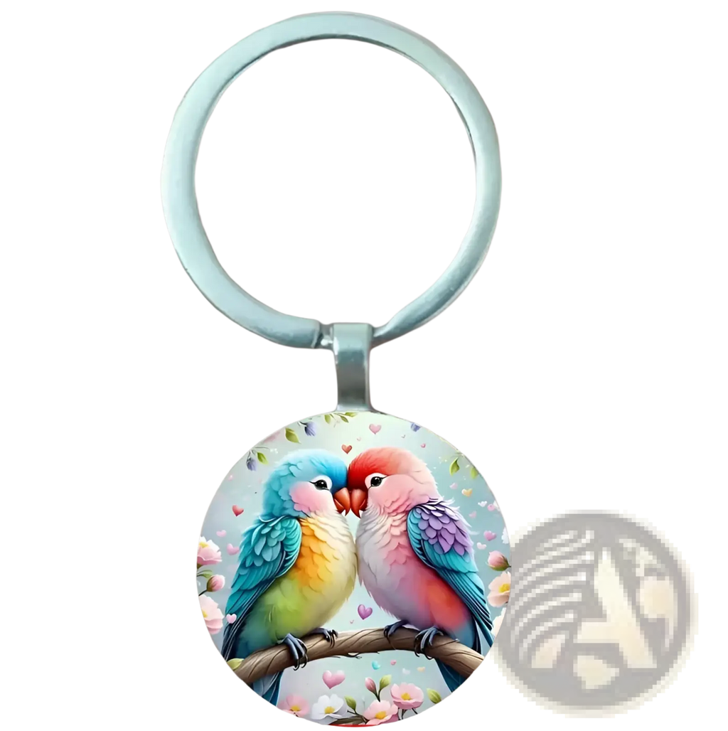 A round colorful glass dome lovebird keychain featuring two affectionate birds on a floral branch with hearts