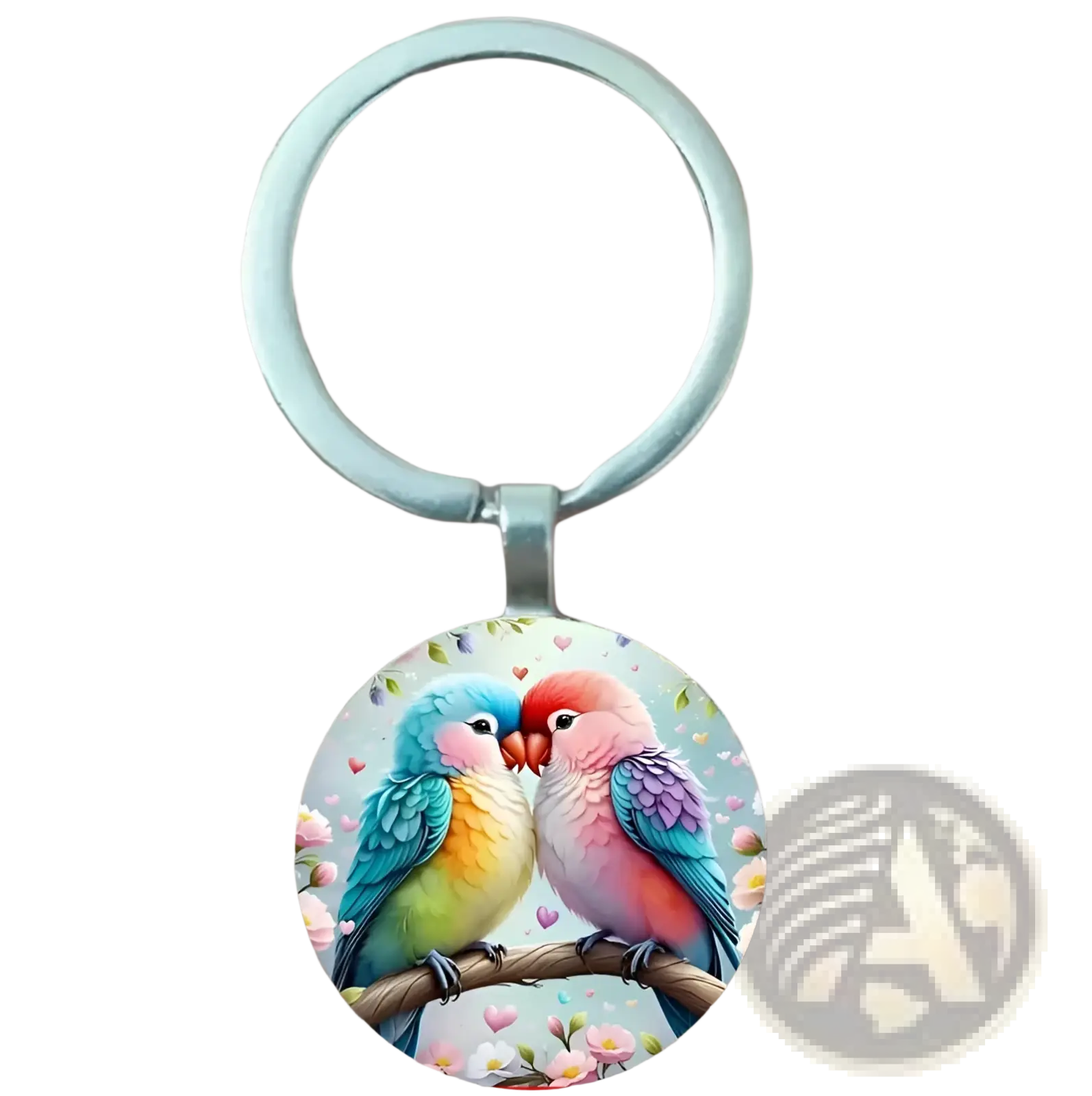 A round colorful glass dome lovebird keychain featuring two affectionate birds on a floral branch with hearts