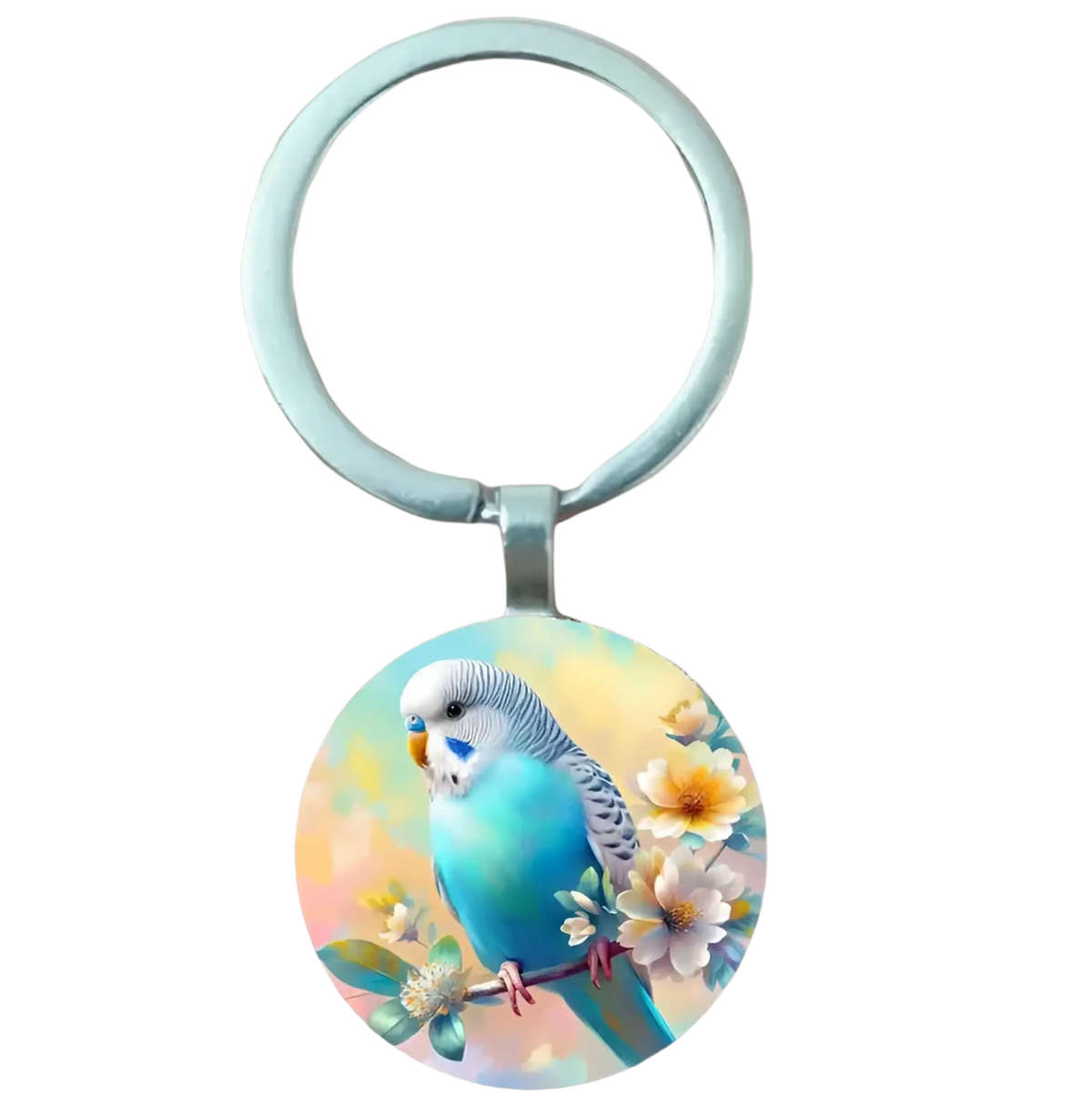 Lovebird keychain glass dome featuring a vibrant blue and white parakeet on a branch with colorful flowers