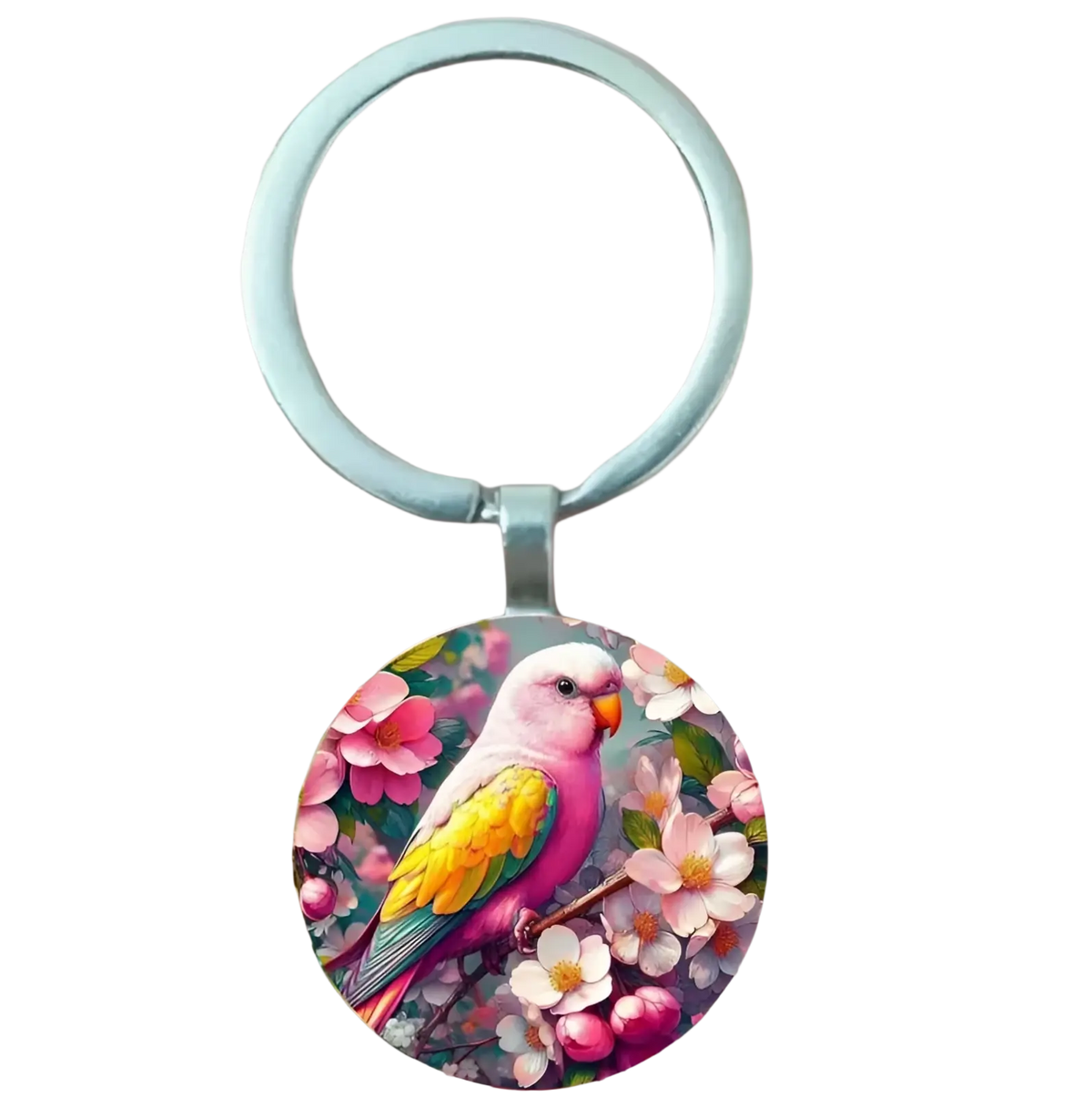 Lovebird keychain glass dome bird keyring with vibrant pink and yellow parrot perched on branch and silver metal ring