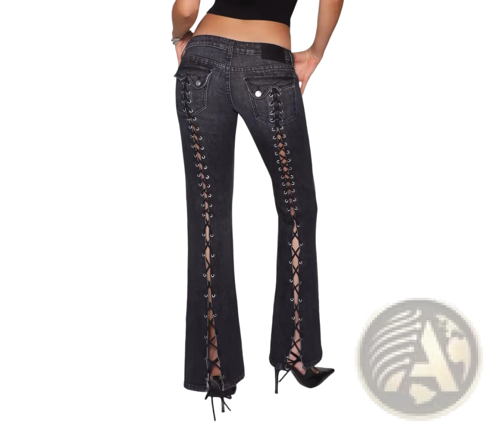 Black low rise flare denim jeans with lace-up detailing along the outer seams made of sturdy denim material