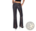 Black low rise flare denim jeans with lace-up detailing along the outer seams made of sturdy denim material