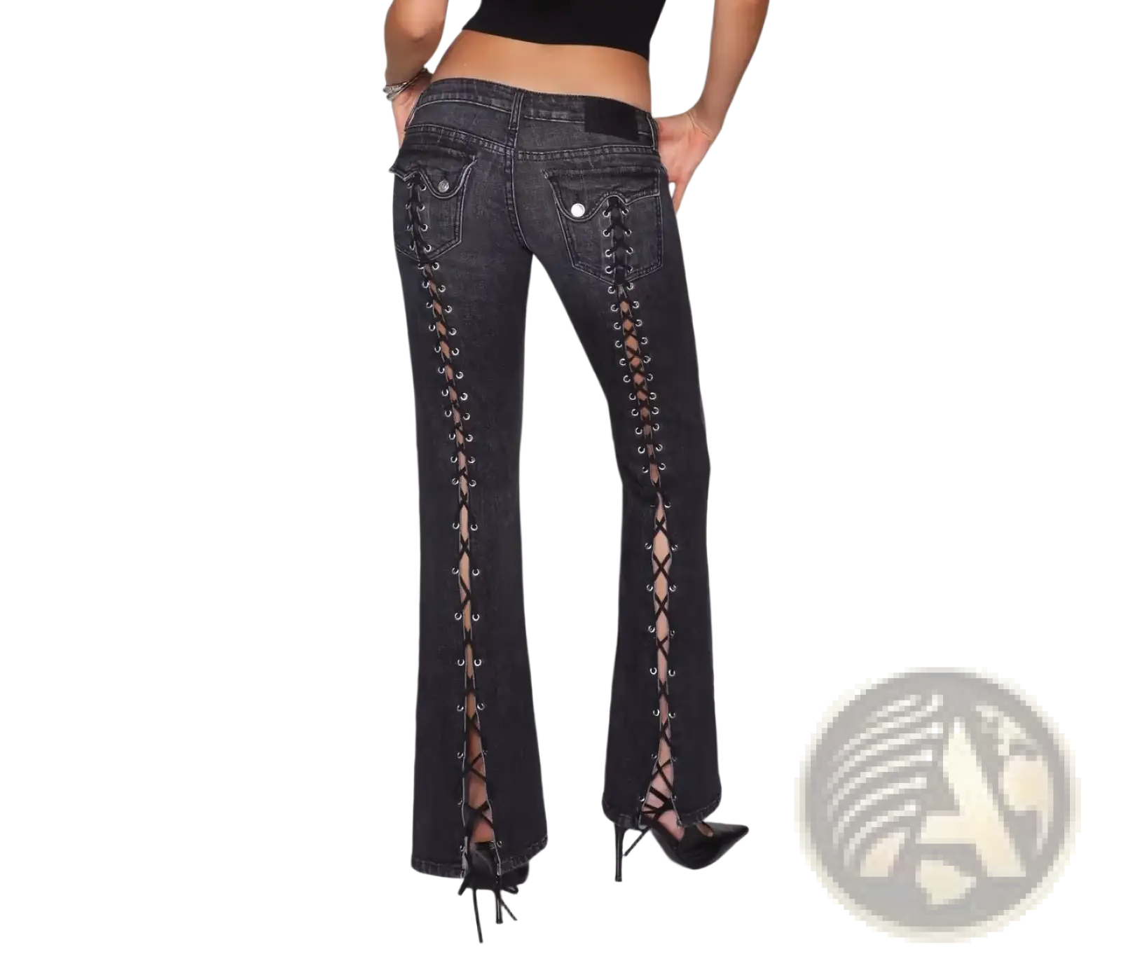 Black low rise flare denim jeans with lace-up detailing along the outer seams made of sturdy denim material