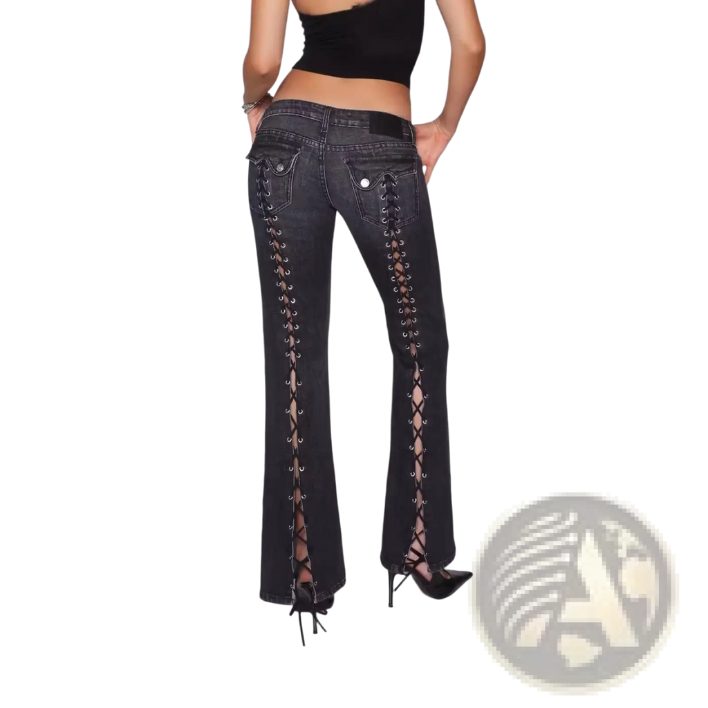 Low rise flare denim jeans in black featuring lace-up silver eyelets and a flared leg silhouette