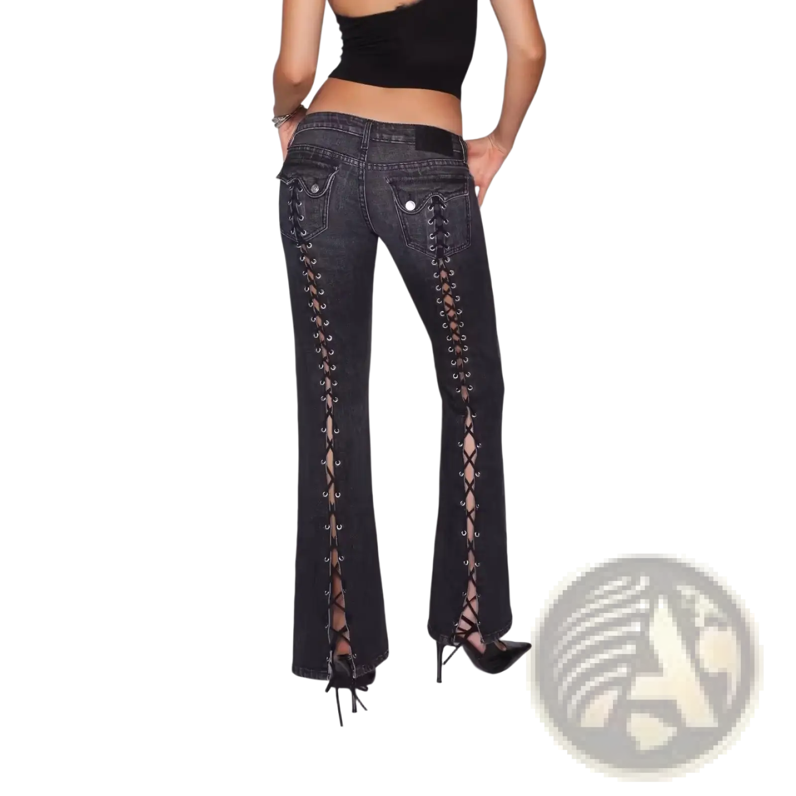 Low rise flare denim jeans in black featuring lace-up silver eyelets and a flared leg silhouette