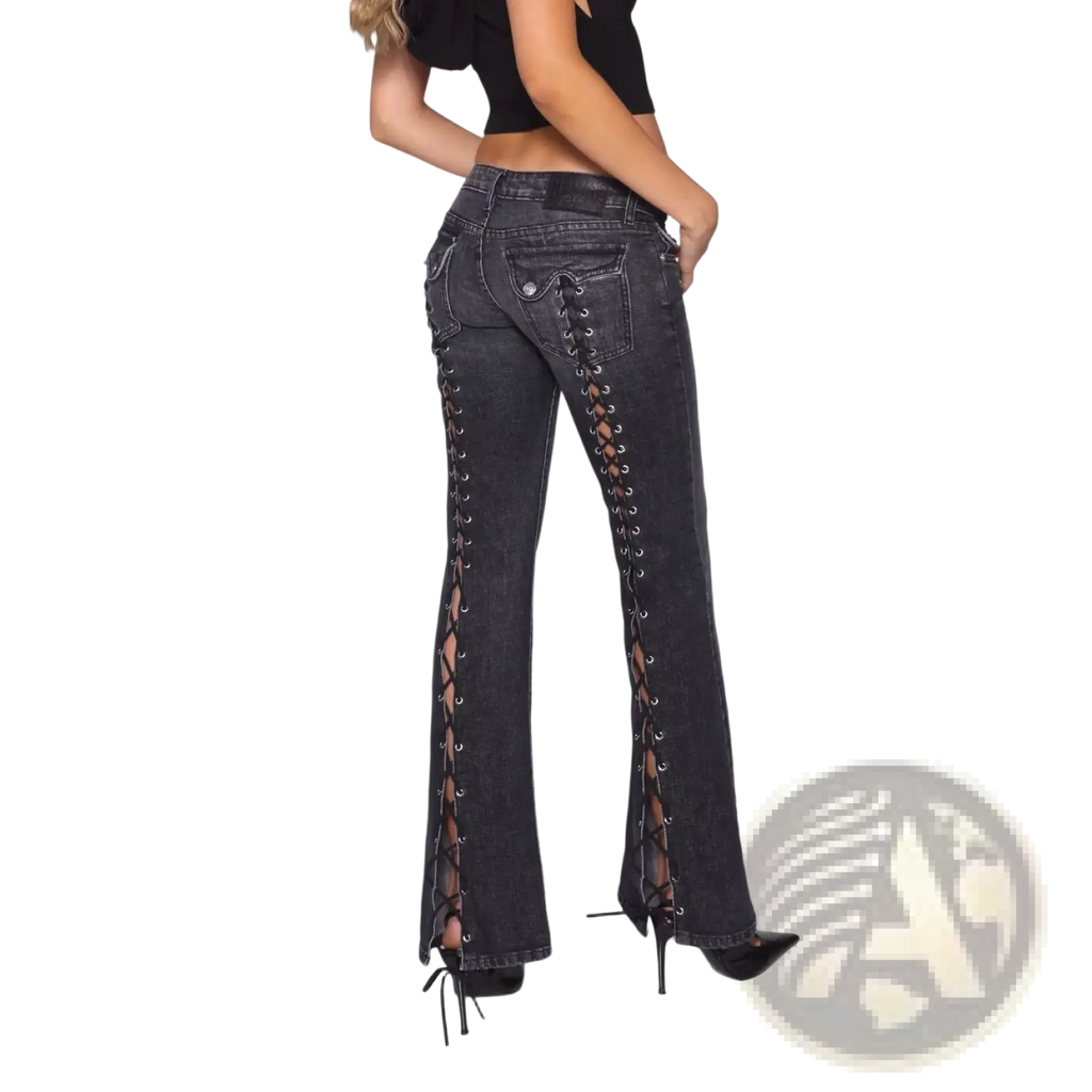 Low rise flare denim jeans in dark gray with lace up detailing along the outer legs made from denim material