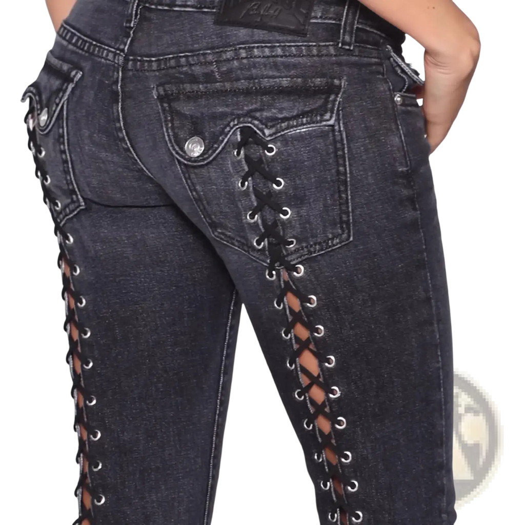Dark wash low rise flare denim jeans with lace-up design featuring black laces and silver eyelets on the back side