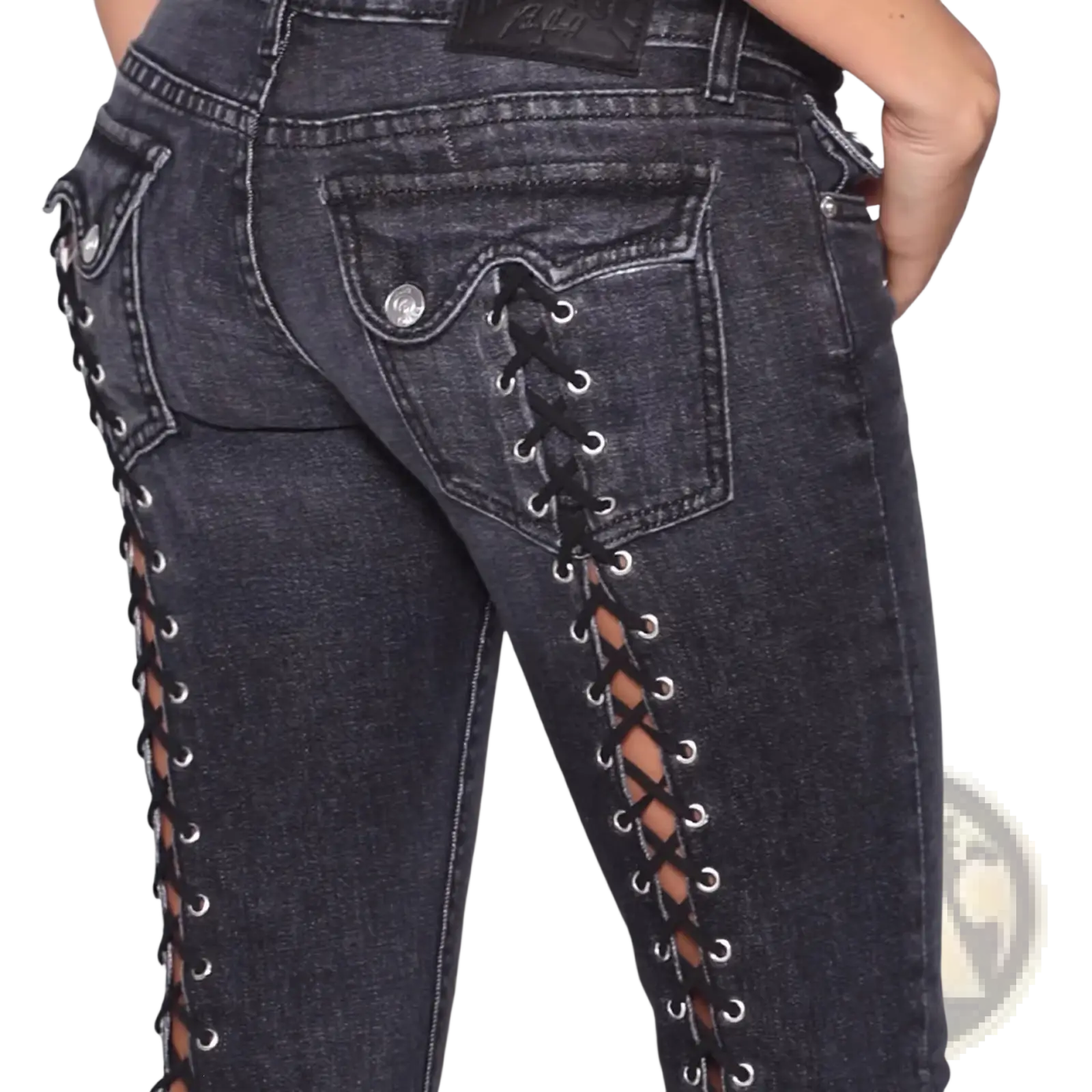 Dark wash low rise flare denim jeans with lace-up design featuring black laces and silver eyelets on the back side