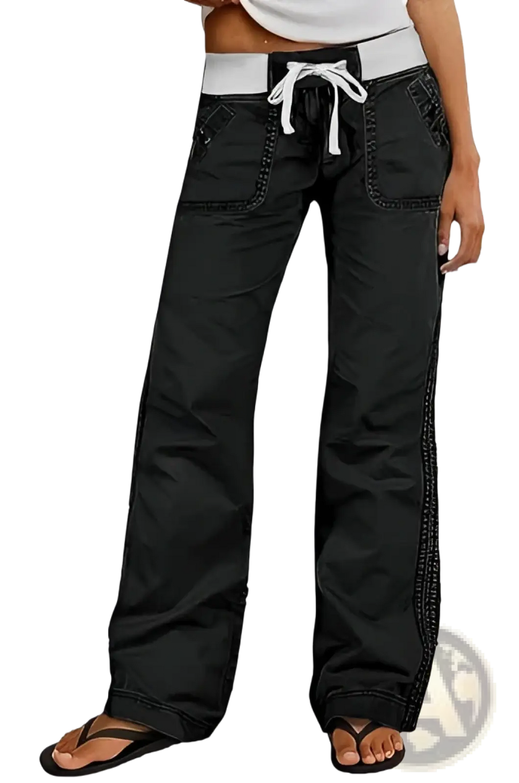Low waist black cargo jeans with white drawstring waistband and side pockets made of durable denim material