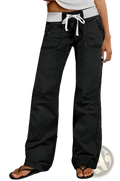 Low waist black cargo jeans with white drawstring waistband and side pockets made of durable denim material