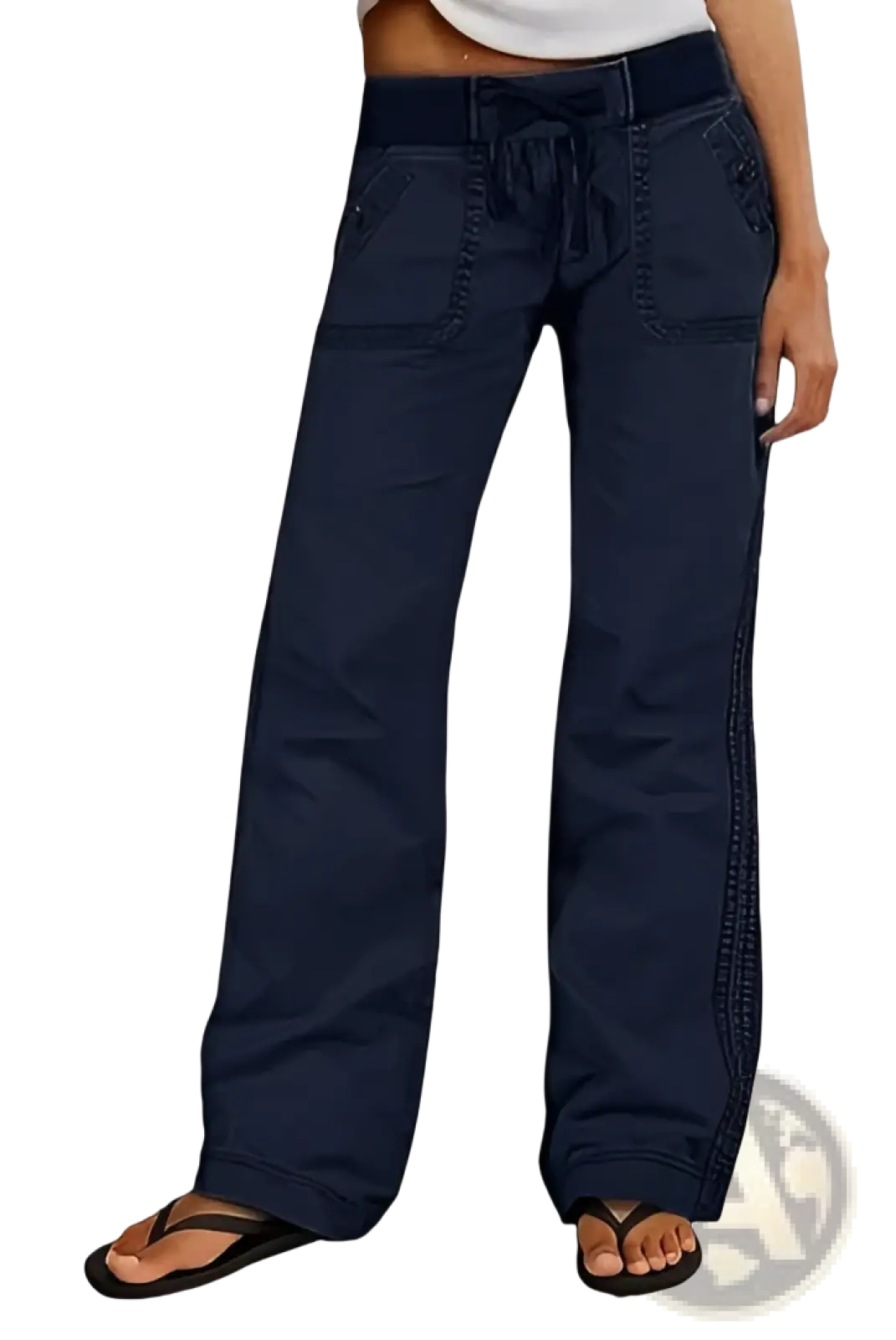 Navy blue low waist cargo jeans featuring wide-leg design with drawstring waist and functional side pockets