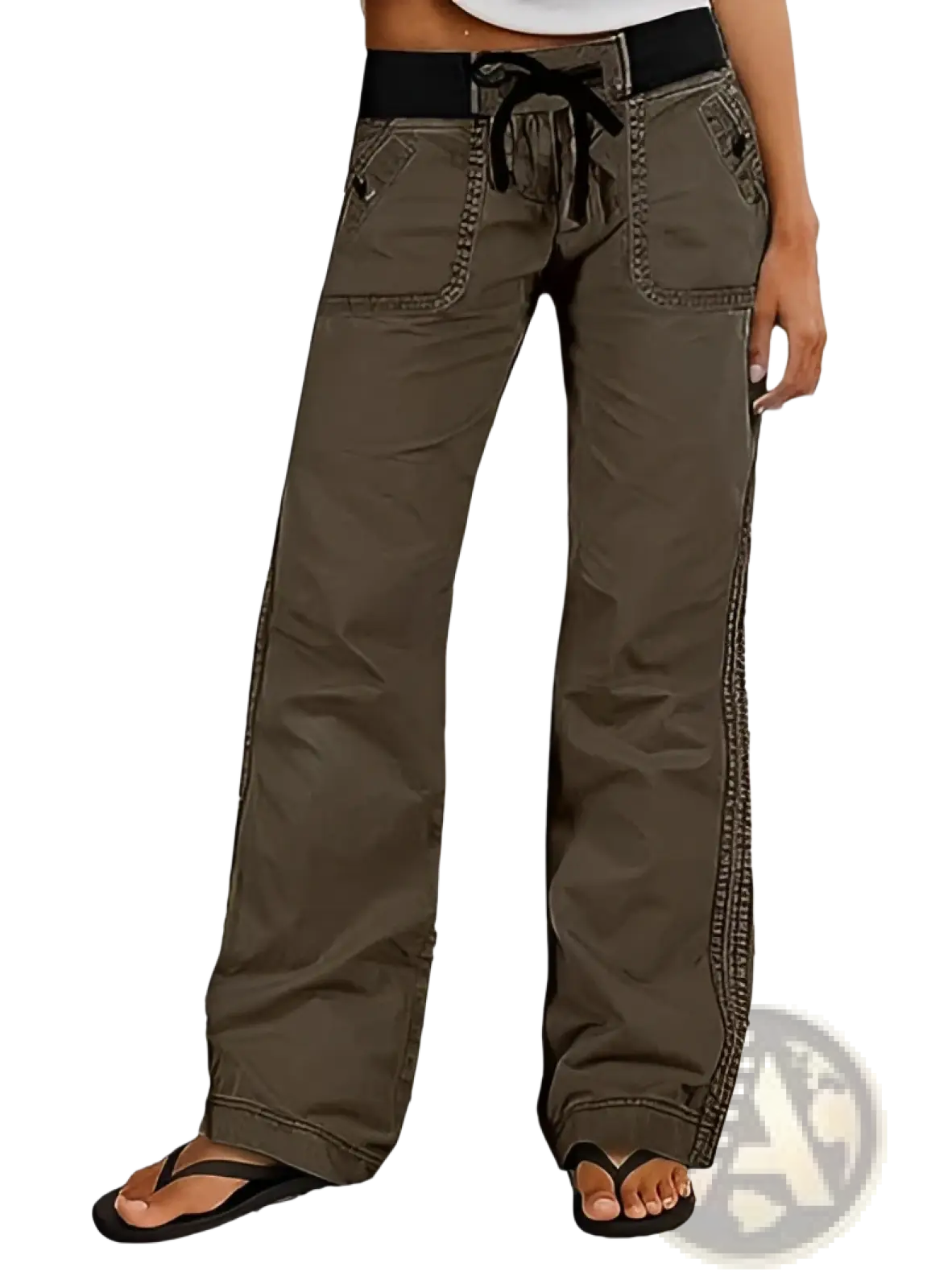 Olive green low waist cargo jeans with black drawstring waistband and side pockets in durable denim material