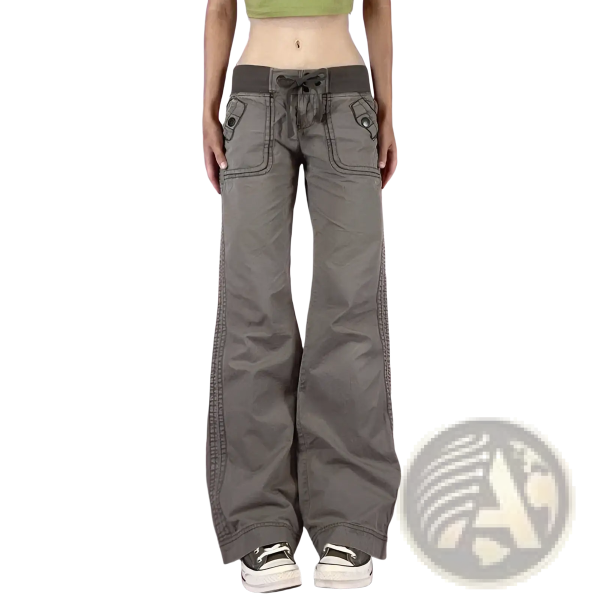 Gray low waist cargo jeans with drawstring waistband and reinforced side panels for durable casual wear