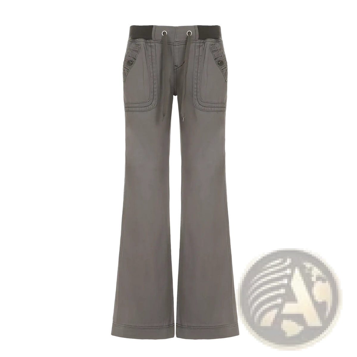 Low waist gray flared cargo jeans with black elastic waistband and buttoned flap pockets for casual wear