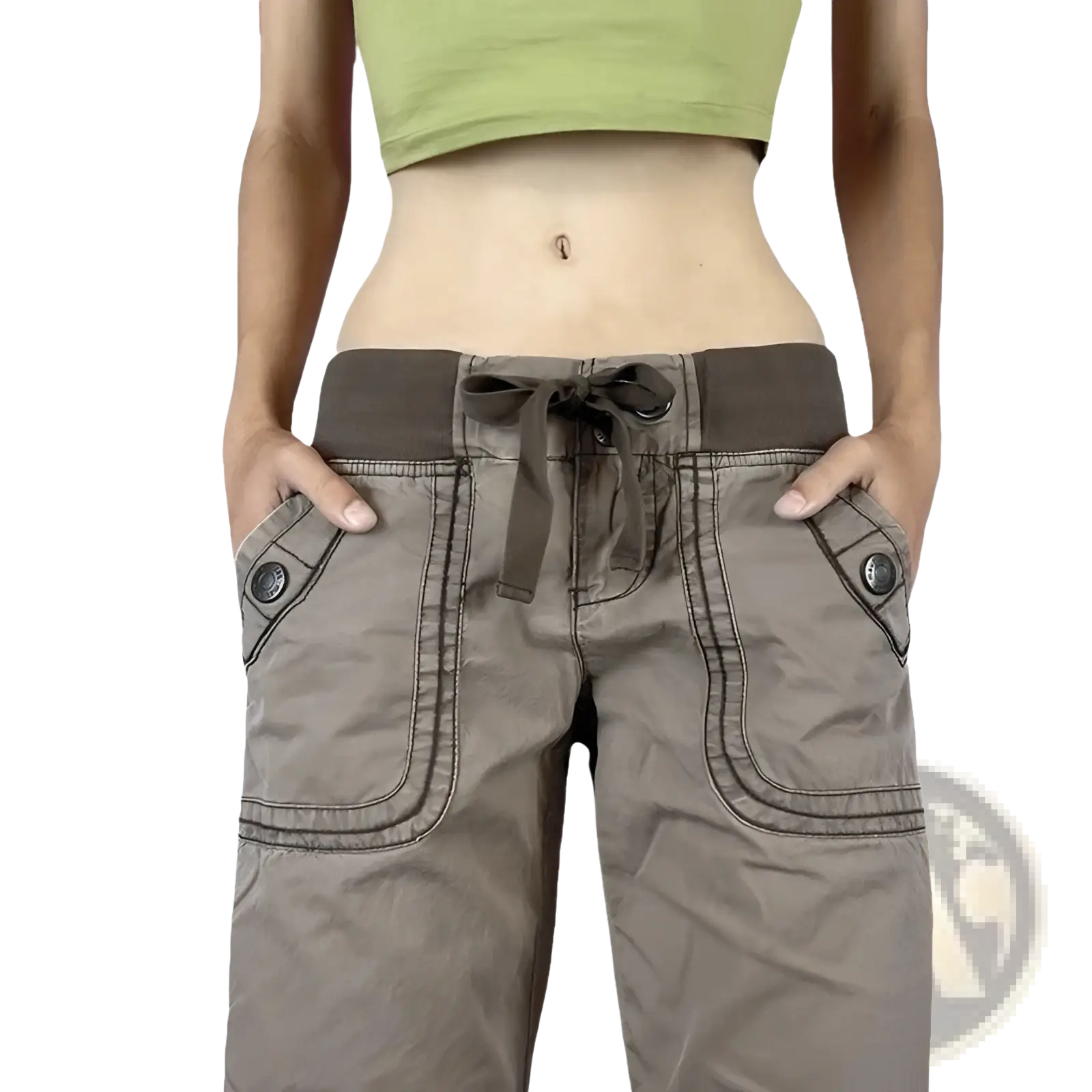 Low waist cargo jeans in beige with dark gray elastic waistband, drawstring, and large front pockets with black buttons