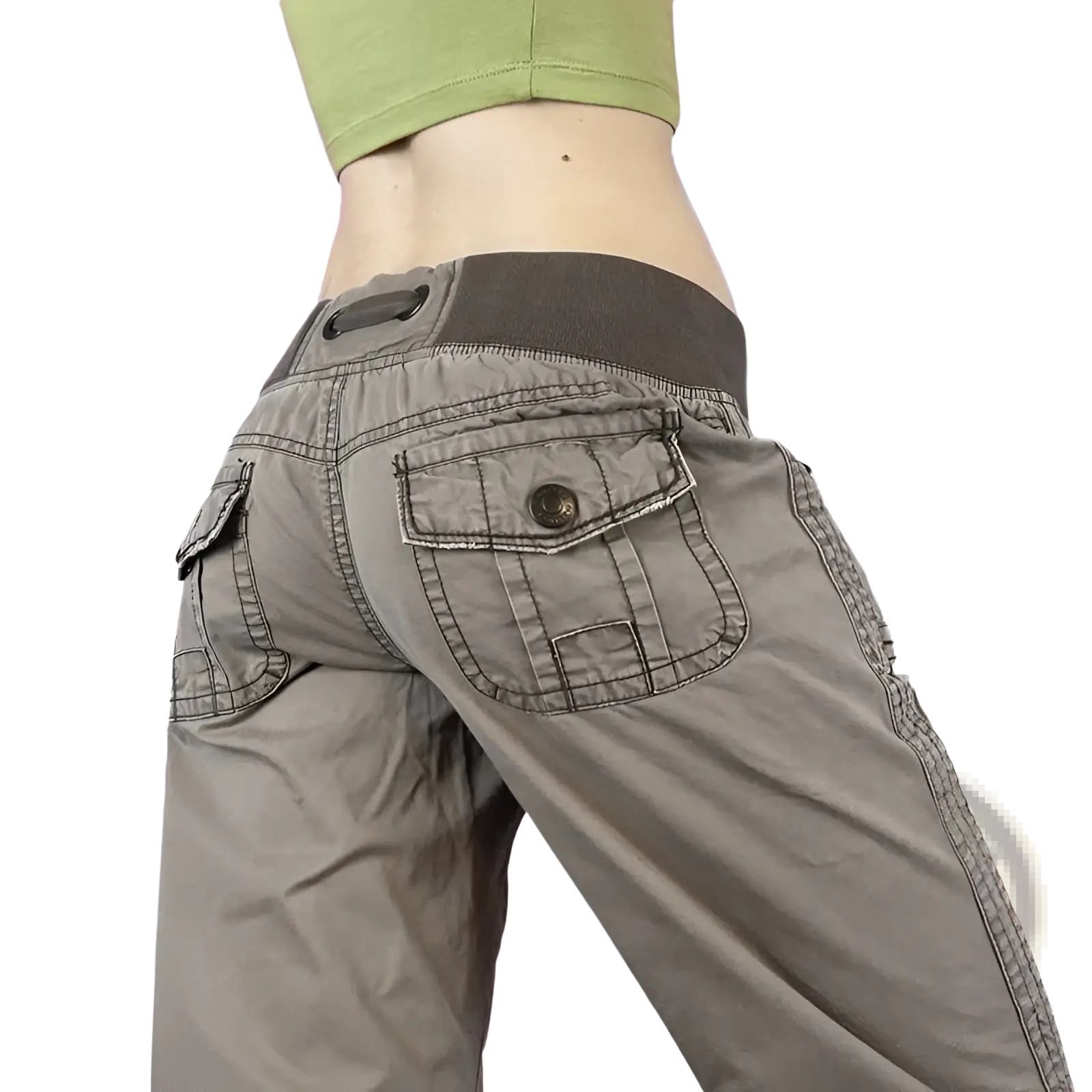 Gray low waist cargo jeans with dark gray elastic waistband and multiple pockets including button closure pocket