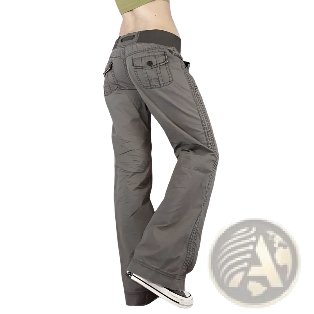 Low waist cargo jeans in gray with relaxed fit, multiple pockets, and reinforced side stitching for durability