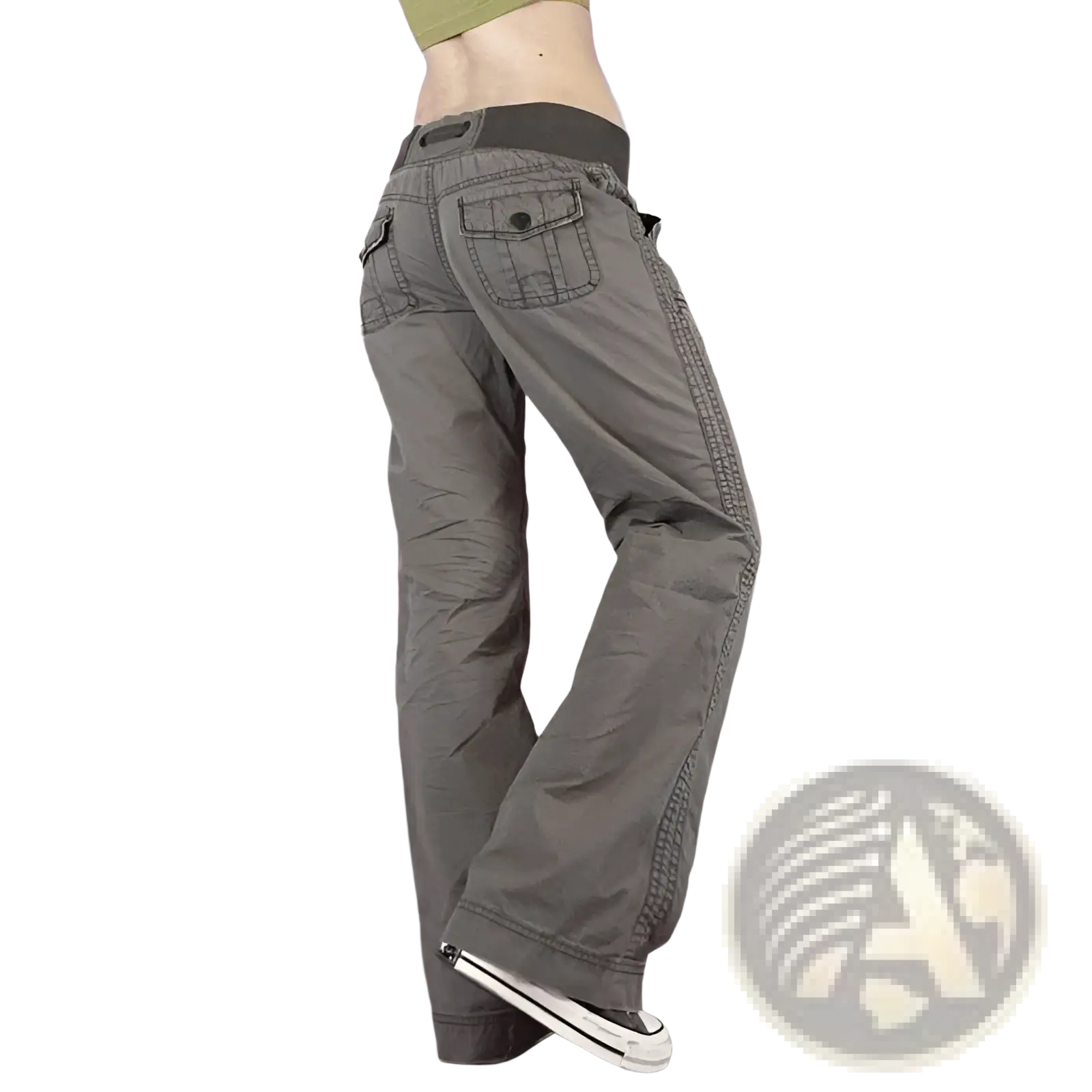 Low waist cargo jeans in gray with relaxed fit, multiple pockets, and reinforced side stitching for durability