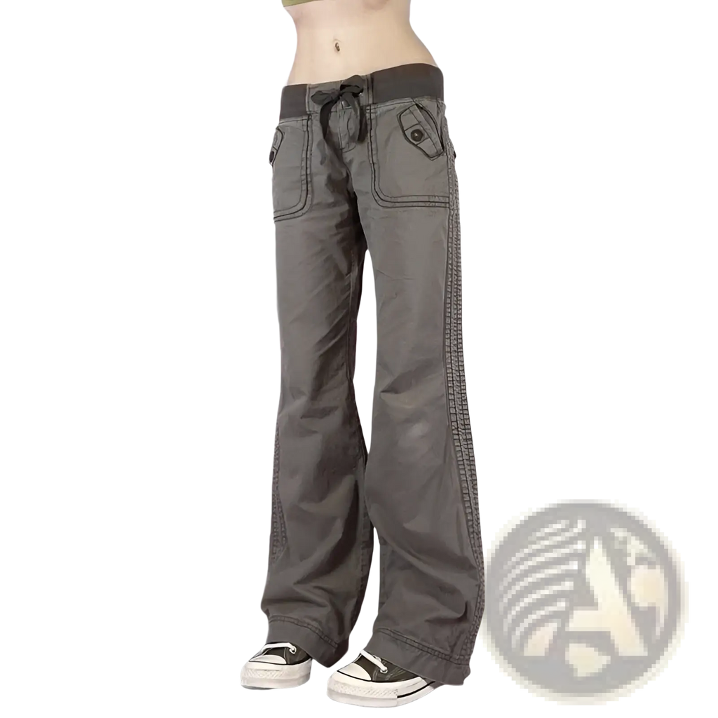 Low waist gray cargo jeans with drawstring waistband and decorative side stitching ideal for casual wear
