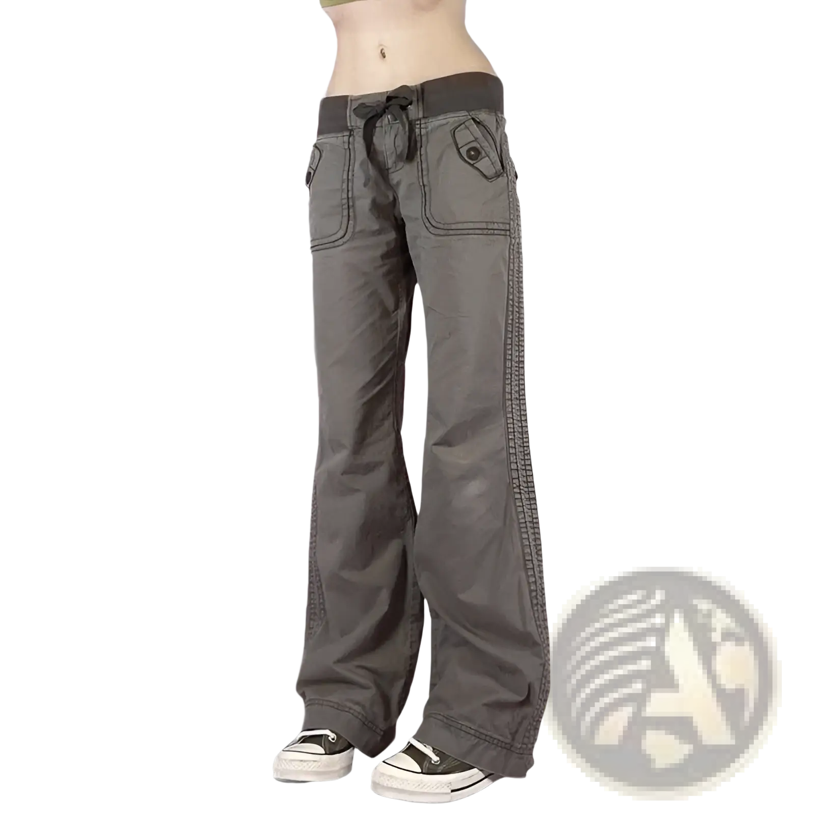 Low waist gray cargo jeans with drawstring waistband and decorative side stitching ideal for casual wear