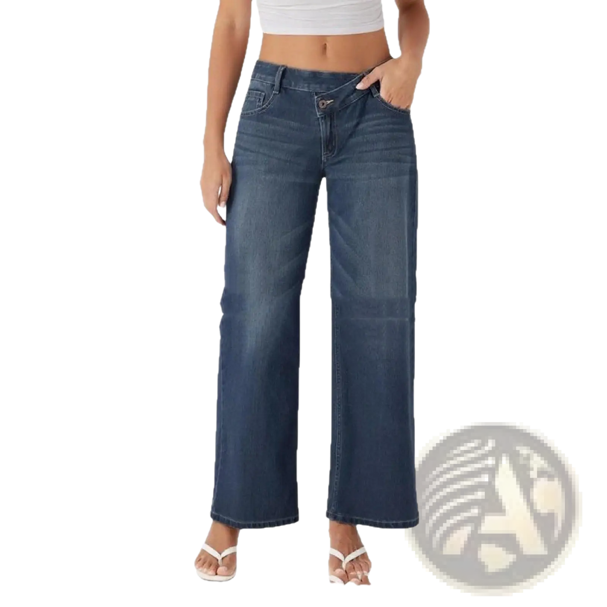 Dark blue denim low waist wide leg jeans with a classic five-pocket design and comfortable wide-leg cut