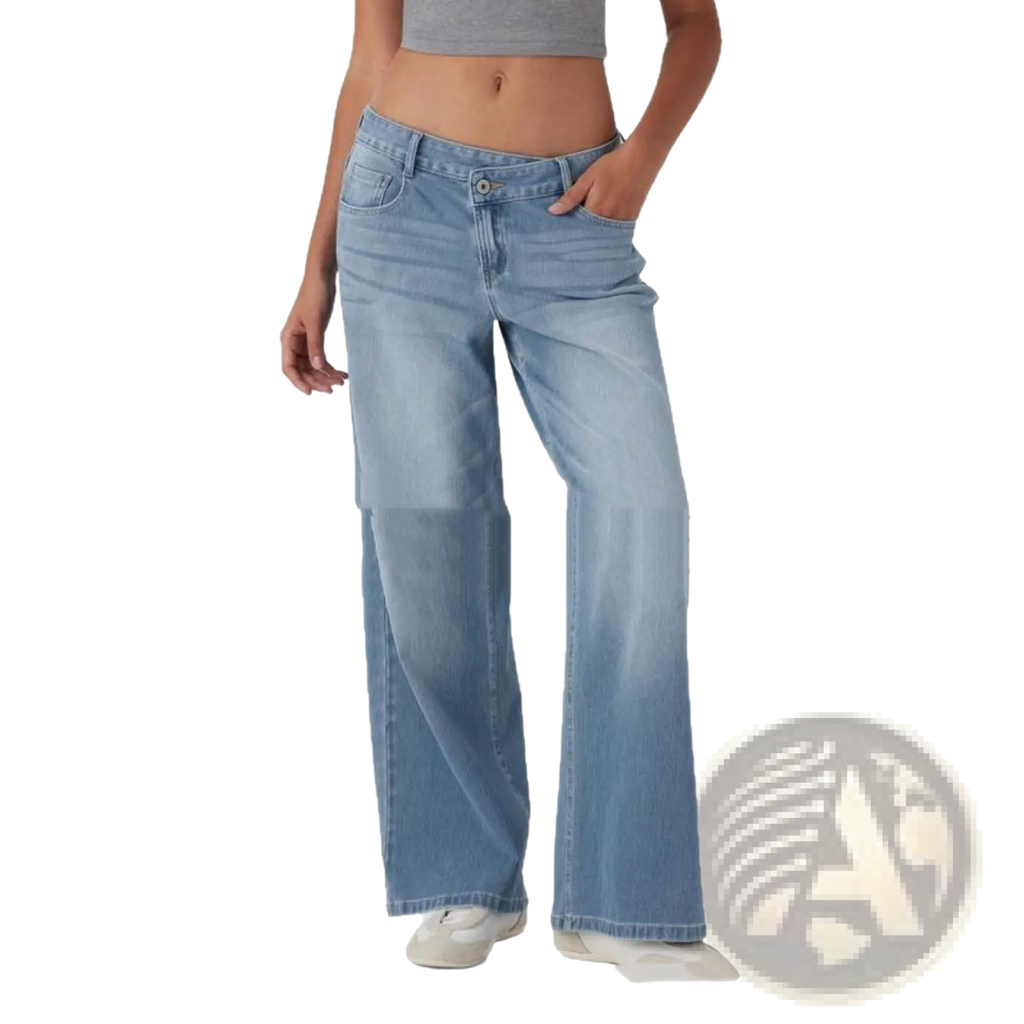 Low waist wide leg jeans in light-wash denim with a relaxed flare and classic five-pocket design