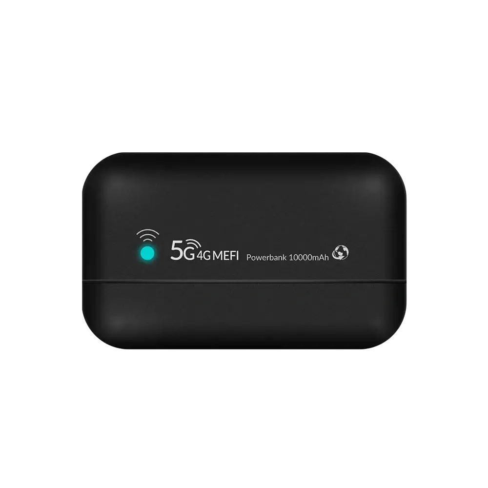 Black lte power bank 10000mah with sleek rectangular design and glowing teal light for external charging wifi router